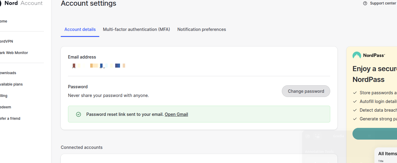 NordVPN reset flow with ‘Open Gmail’ link